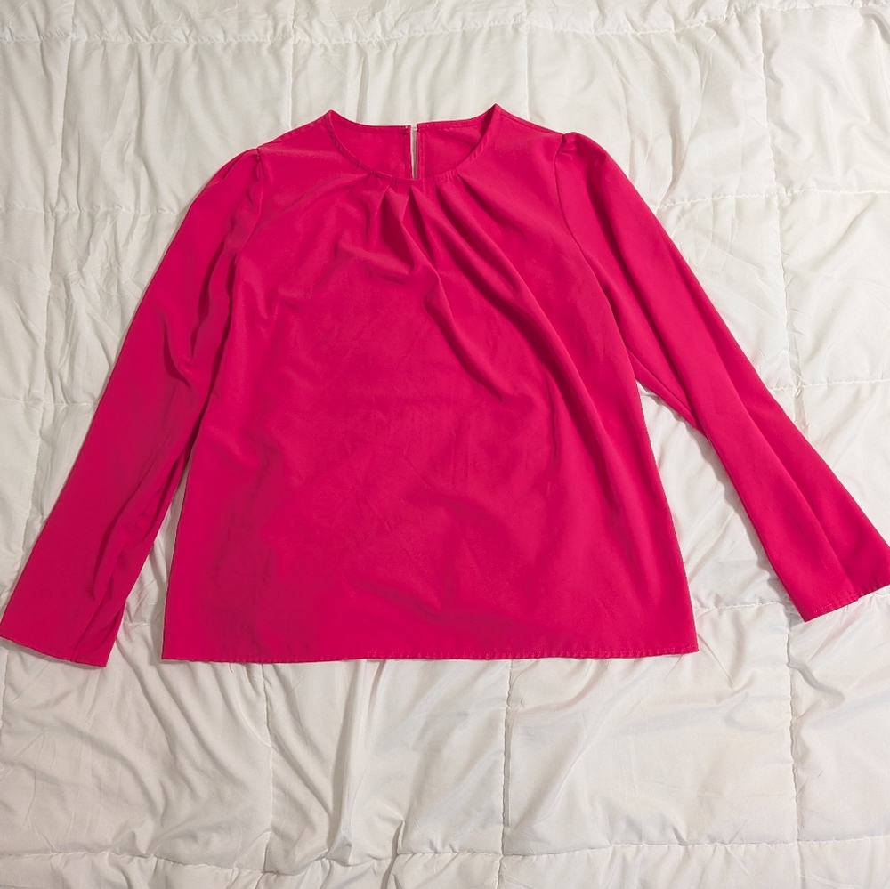 Hot Pink Pleated Neck Long Sleeve Blouse‎ Magenta Top